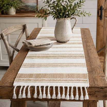 Fennco Styles Farmhouse Cotton Jute Table Runner with Tassel Fringe 14 x 72 Inch - Rustic Natural and Ivory Woven Table Cover for Kitchen, Dining Room, Everyday Use and Seasonal Entertaining