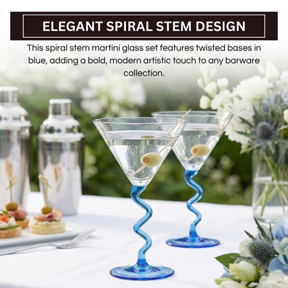 Spiral Stem Martini Glasses Set of 2, 9.2oz 7.05" Blue