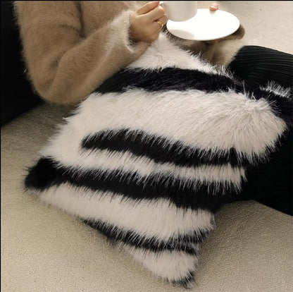 Fennco Styles Zebra Stripe Faux Fur Animal Design Decorative Throw Pillow Cover 18" W x 18" L – Grey Plush Cushion Case for Couch, Bedroom, Living Room and Office Décor