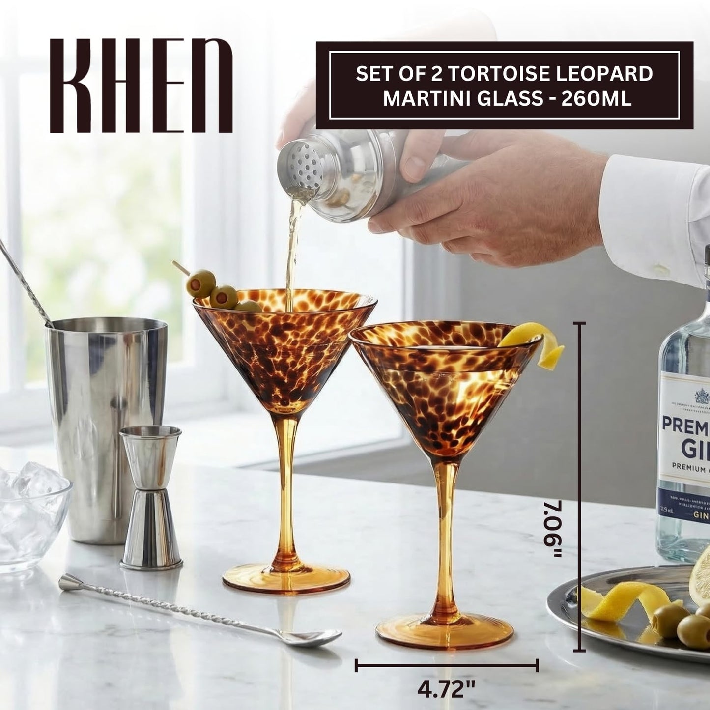Tortoise Leopard Print Martini 9oz - Set of 2, 7.1" Spotted Borosilicate Cocktail