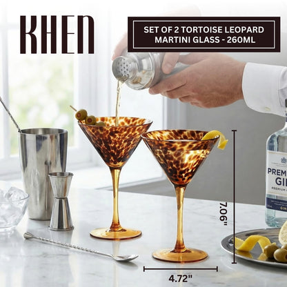 Tortoise Leopard Print Martini 9oz - Set of 2, 7.1" Spotted Borosilicate Cocktail