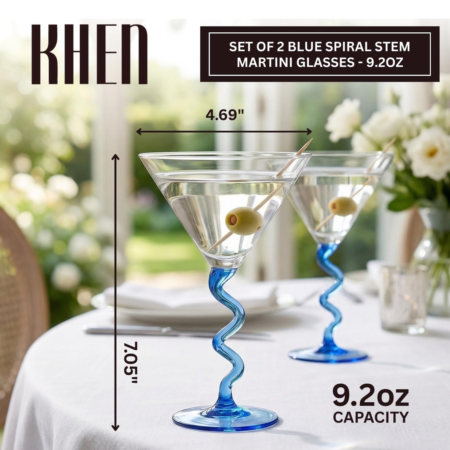 Spiral Stem Martini Glasses Set of 2, 9.2oz 7.05" Blue