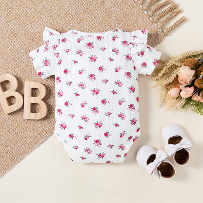 stylesilove Infant Baby Girls Floral Print Short Sleeve Bodysuit & Shorts & Headband 3pcs Set Spring Summer Romper Outfit