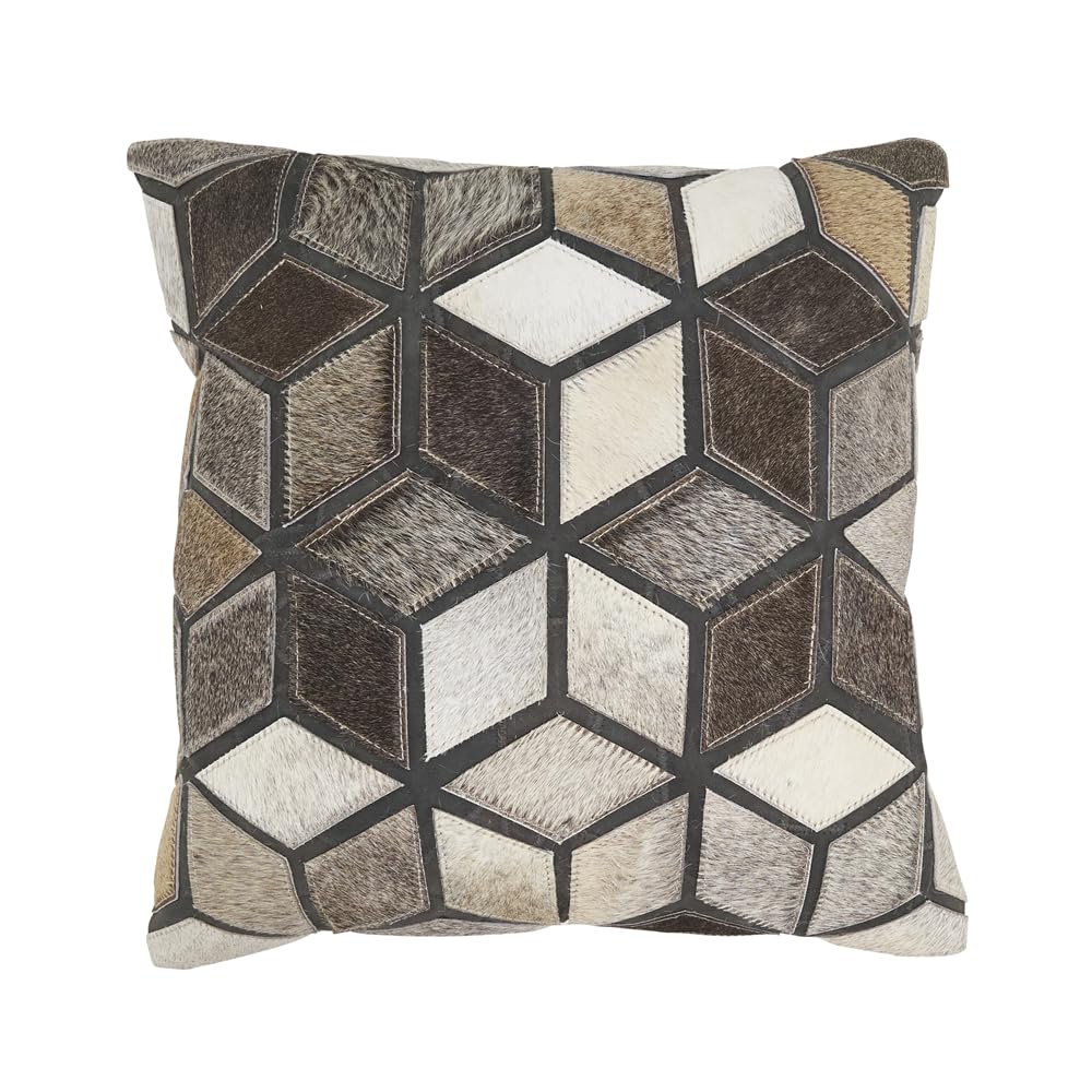 Fennco Styles Diamond Patchwork Hair On Leather Decorative Throw Pillow Cover 16" W x 16" L - Black & White Cushion Case for Home, Couch, Bedroom, Living Room and Office Décor