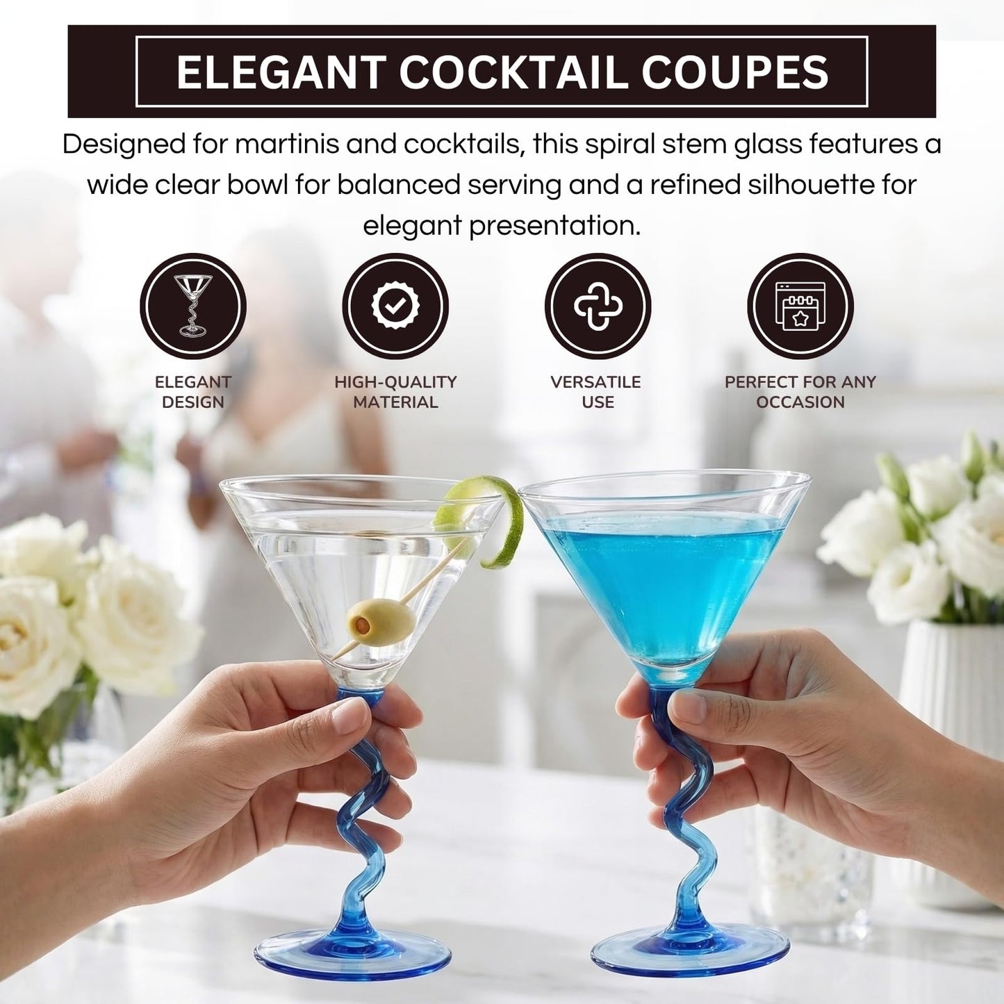 Spiral Stem Martini Glasses Set of 2, 9.2oz 7.05" Blue
