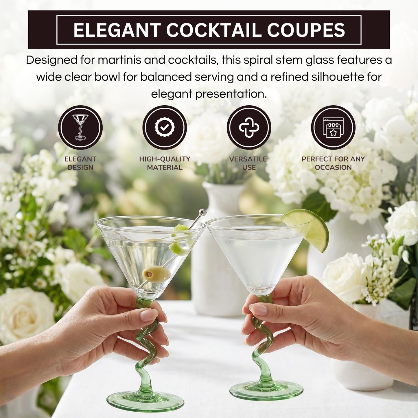 Spiral Stem Martini Glasses Set of 2, 9.2oz 7.05" Green
