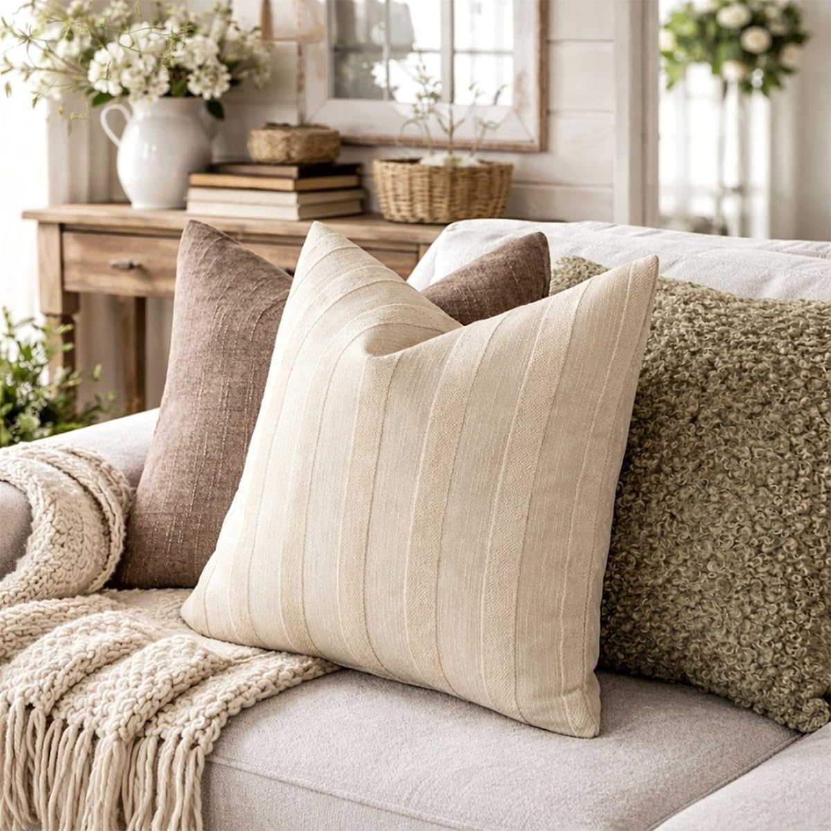 Fennco Styles Light Beige Textured Striped Throw Pillow Cover 18" X 18" - Modern Accent Pillow Case for Couch, Home and Neutral Farmhouse Décor, 2-Pack