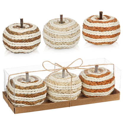 Hollyone Fall Pumpkin Decor 3 PCS Faux Rattan Pumpkins Small Orange Brown