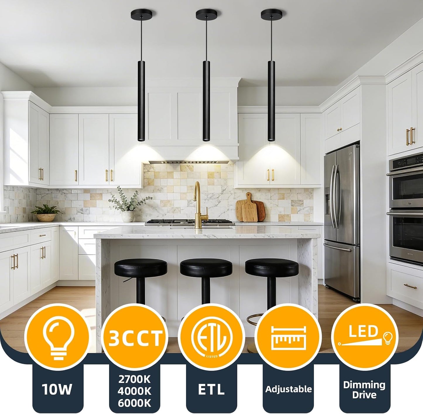 Modern Pendant Light Fixtures 3-Pack | Dimmable LED Kitchen Island Lighting, 2700K-6000K Adjustable, 15" Hanging Ceiling Lights