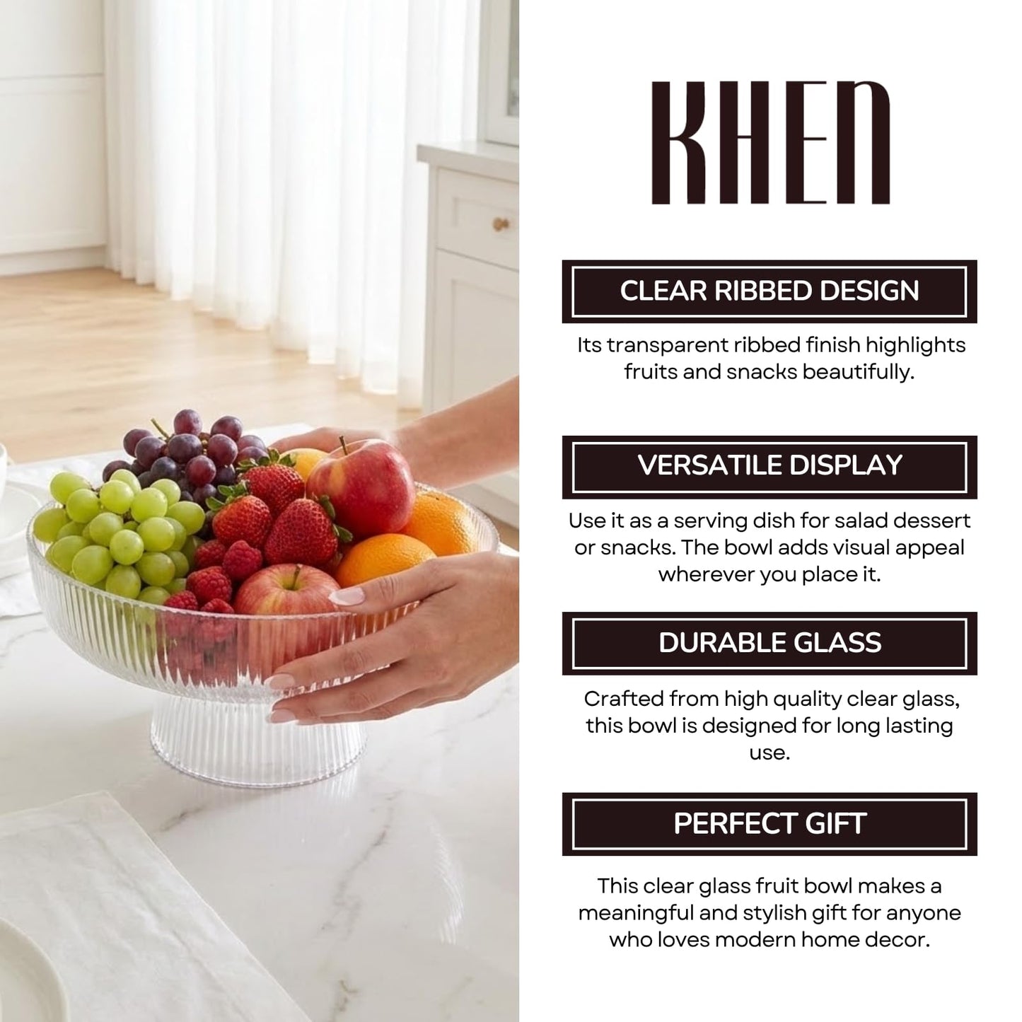 Decorative Fluted Transparent Glass Bowl, Fruit, Snacks Sweets