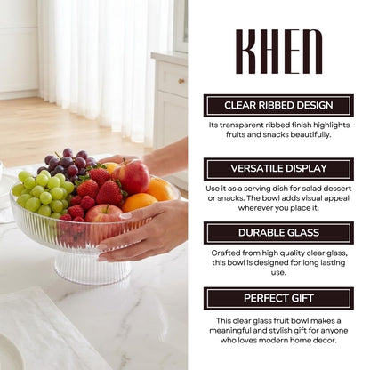 Decorative Fluted Transparent Glass Bowl, Fruit, Snacks Sweets