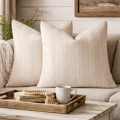 Fennco Styles Light Beige Textured Striped Throw Pillow Cover 18" X 18" - Modern Accent Pillow Case for Couch, Home and Neutral Farmhouse Décor, 2-Pack