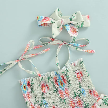 stylesilove Baby Toddler Girls Floral Print Smocked Tiered Sleeveless Dress & Headband 2pcs Summer Ruffle Sundress Outfit