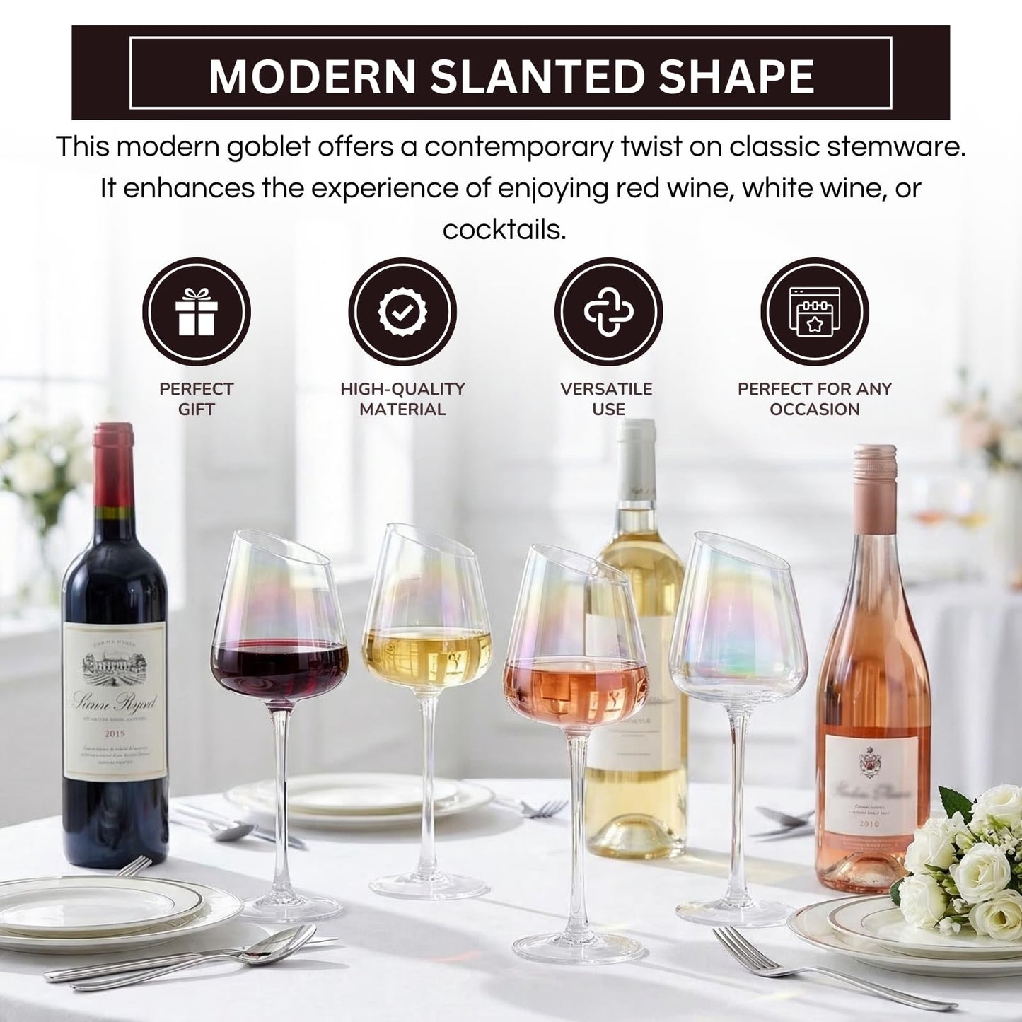 Slanted Iridescent Wine Glass, Single 15.8oz 9.84in Clear Glass