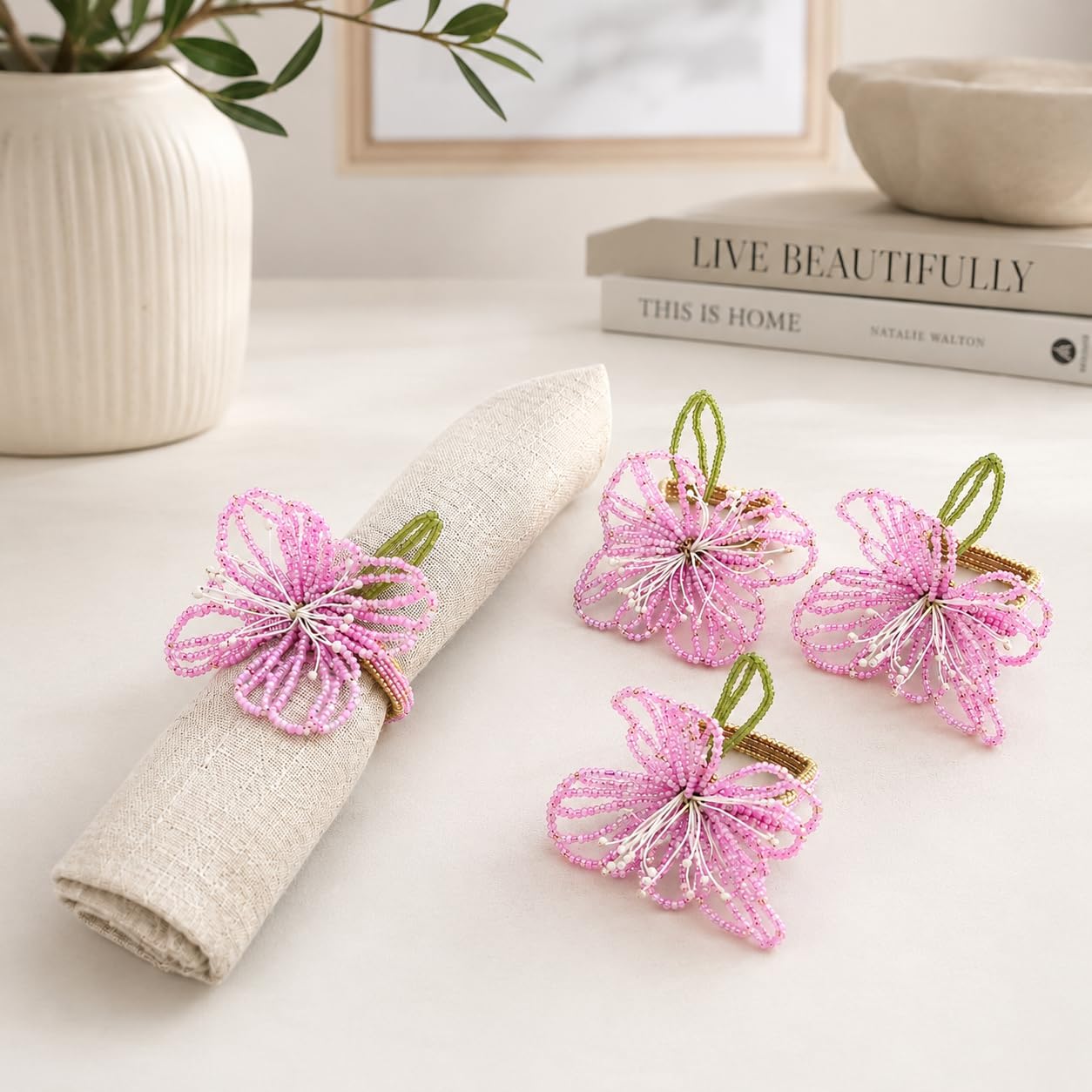 Fennco Styles Pink Beaded Flower Napkin Rings Set of 4, Handmade Floral Napkin Holders for Easter, Garden Parties, Bridal Showers, Weddings, and Everyday Entertaining