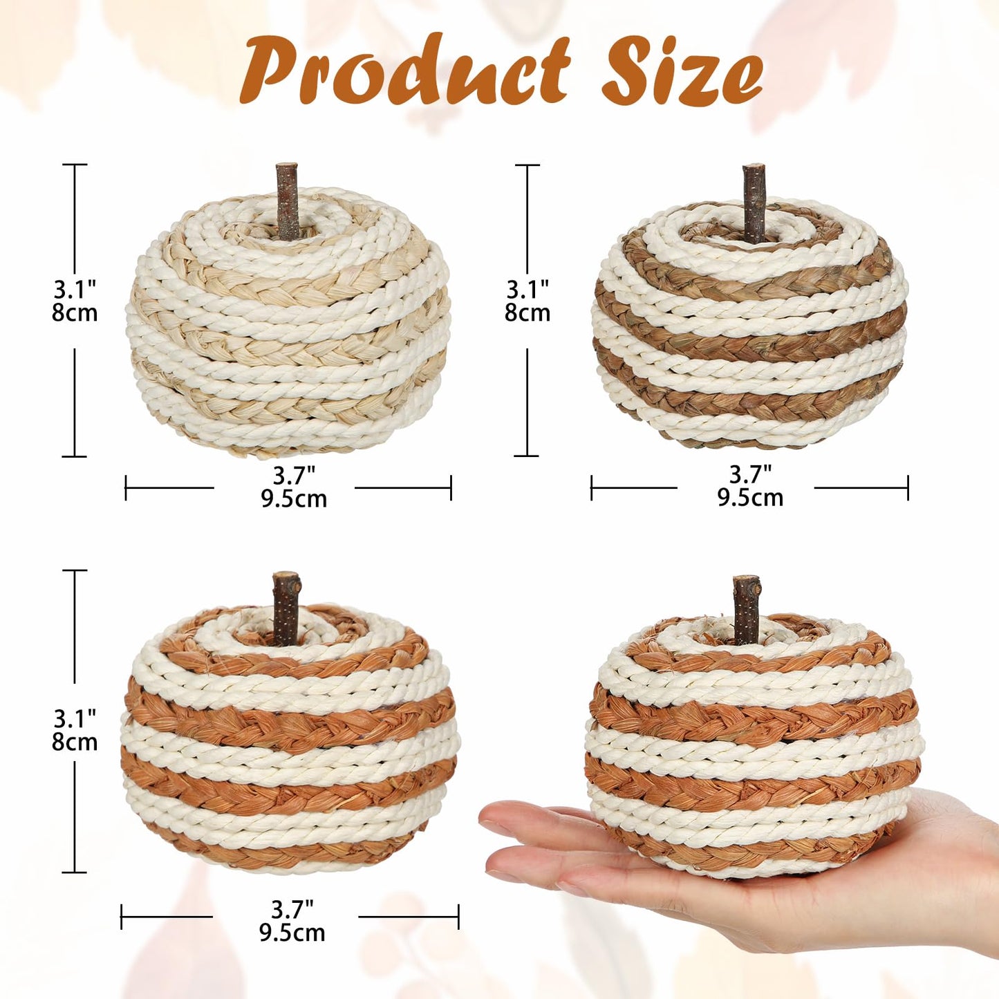 Hollyone Fall Pumpkin Decor 3 PCS Faux Rattan Pumpkins Small Orange Brown