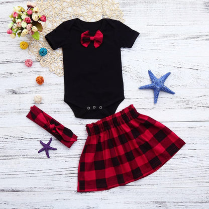 stylesilove Baby Girls Bowknot Short Sleeve Black Cotton Bodysuit, Plaid Skirt with Headband 3pcs Holiday Outfit