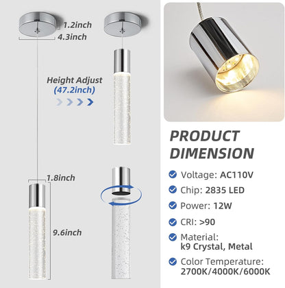 Crystal Pendant Light Fixtures | 3CCT Dimmable LED Mini Island Lights for Kitchen, 9.6" Chrome, 2700K-6000K, ETL