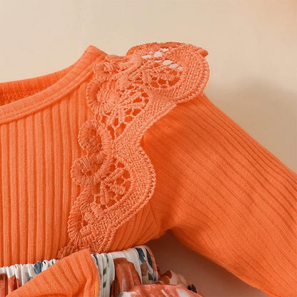 stylesilove Infant Baby Girl Orange Fall Pumpkin Long Sleeve Lace Romper Dress & Bow Headband 2pcs Autumn Harvest Outfit