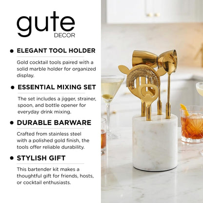 Gold Marble Cocktail Bar Tool Set, 5 Piece 9.06 x 3.75 Inch White Stone Holder Stainless Steel