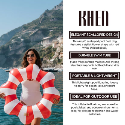 Amalfi Scalloped Inflatable Tube Pool Float Ring - Red & White