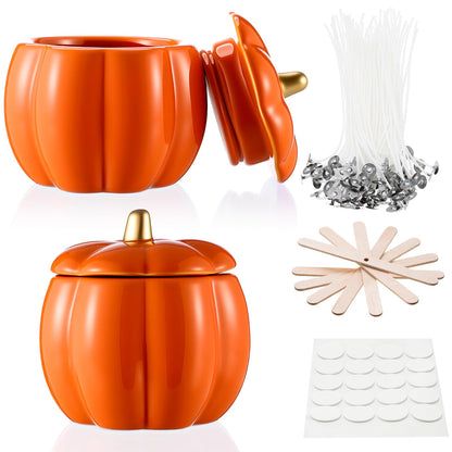 Sliner 2 Pcs 7oz Ceramic Pumpkin Jar Candle Holder Orange Fall Decor