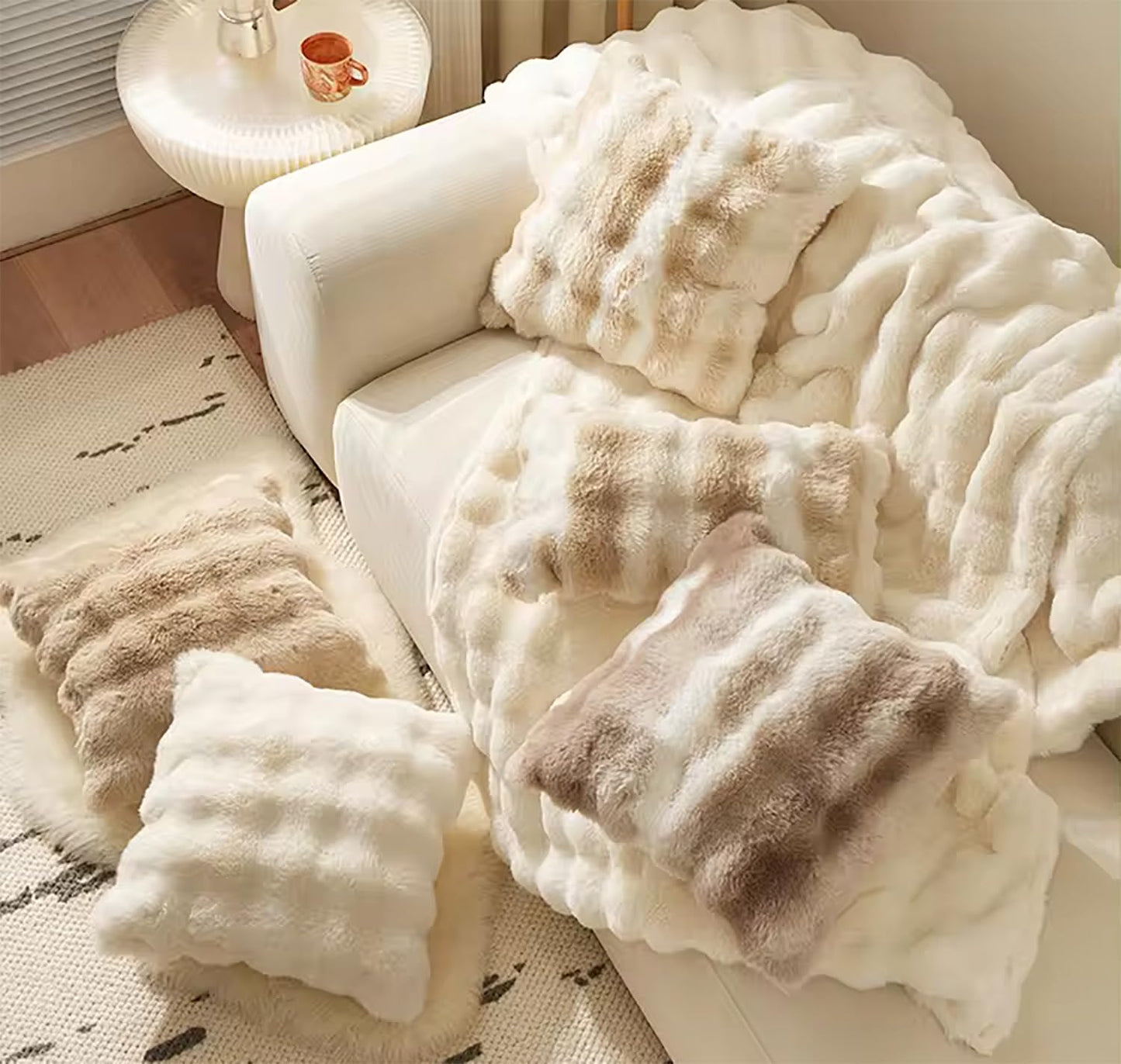 Fennco Styles Luxury Faux Fur Decorative Throw Pillow Cover 18" W X 18" L – Ivory Plush Fluffy Cushion Case for Couch, Bedroom, Living Room and Office Décor