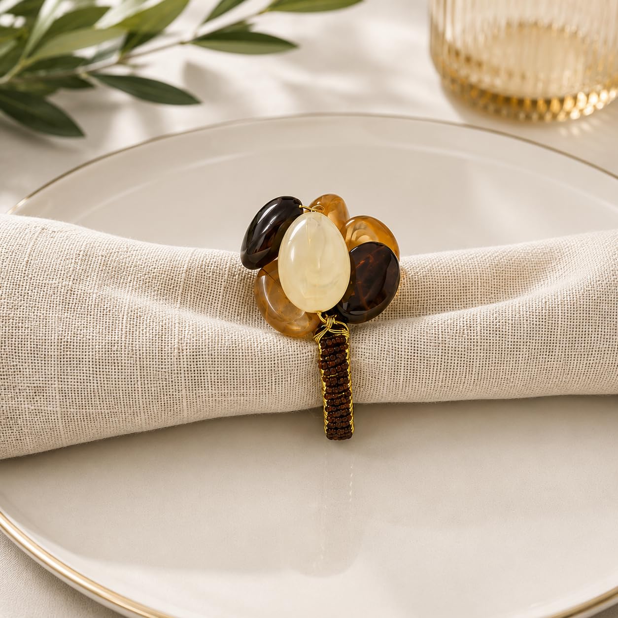 Fennco Styles Brown Gemstone Beaded Napkin Rings, Set of 4 - Handmade Decorative Napkin Holders for Elegant Table Decor, Weddings, Holiday Dining & Everyday Entertaining