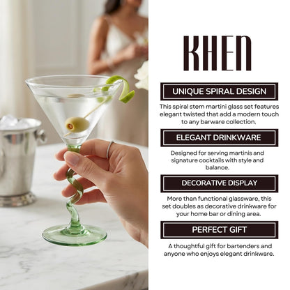 Spiral Stem Martini Glasses Set of 2, 9.2oz 7.05" Green