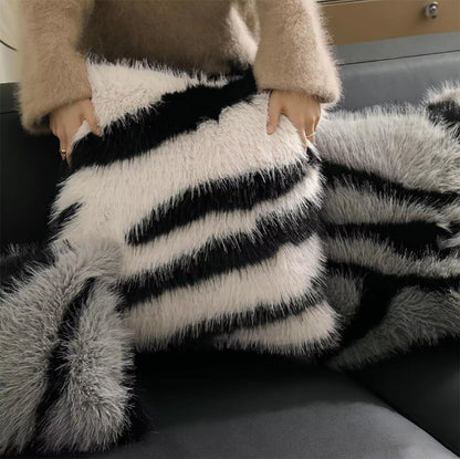 Fennco Styles Zebra Stripe Faux Fur Animal Design Decorative Throw Pillow Cover 18" W x 18" L – Grey Plush Cushion Case for Couch, Bedroom, Living Room and Office Décor
