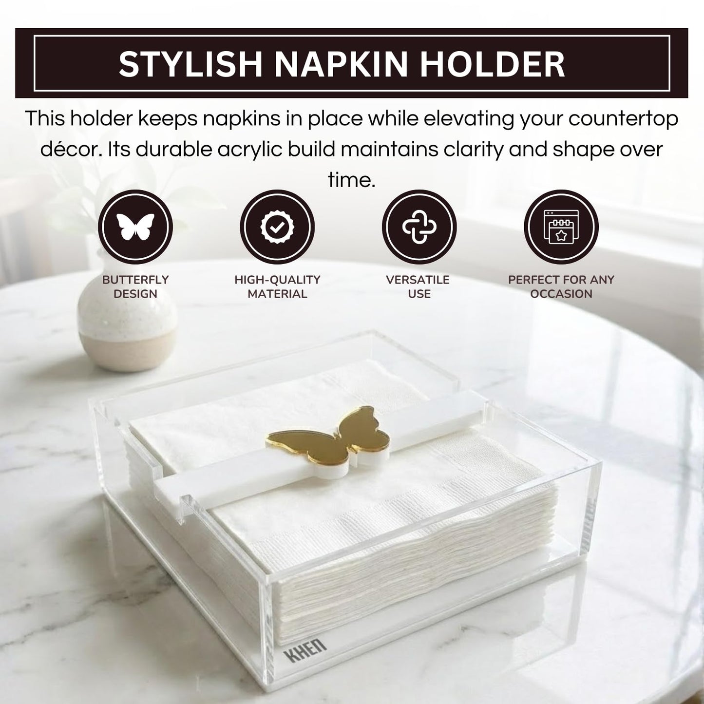 Butterfly Napkin Holder, Single Piece, Clear White Acrylic