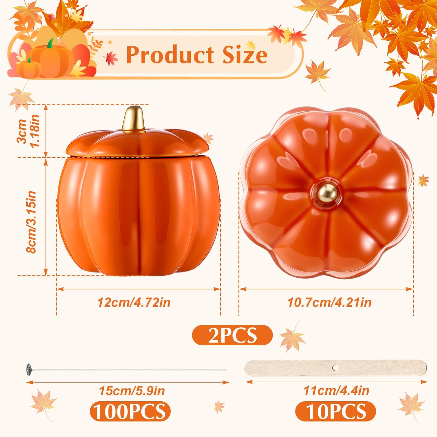 Sliner 2 Pcs 7oz Ceramic Pumpkin Jar Candle Holder Orange Fall Decor