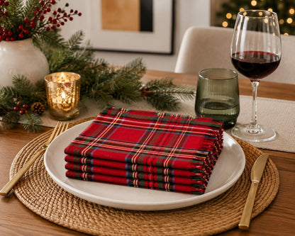 Fennco Styles Christmas Tartan Cloth Napkins with Fringe 20" X 20", Set of 4 - Classic Red Plaid Cotton Holiday Table Napkins for Christmas Dinner, Winter Gatherings and Seasonal Entertaining