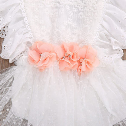 stylesilove Baby Girls Elegant White Lace Eyelet Flower Tulle Romper & Headband 2pcs Flower Girl Tutu Dress Outfit