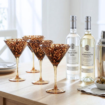 Tortoise Leopard Print Martini 9oz - Set of 4, 7.1" Spotted Borosilicate Cocktail Stem