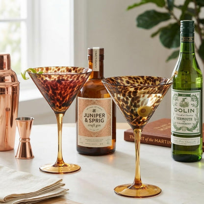 Tortoise Leopard Print Martini 9oz - Set of 2, 7.1" Spotted Borosilicate Cocktail