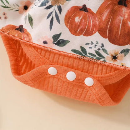 stylesilove Infant Baby Girl Orange Fall Pumpkin Long Sleeve Lace Romper Dress & Bow Headband 2pcs Autumn Harvest Outfit