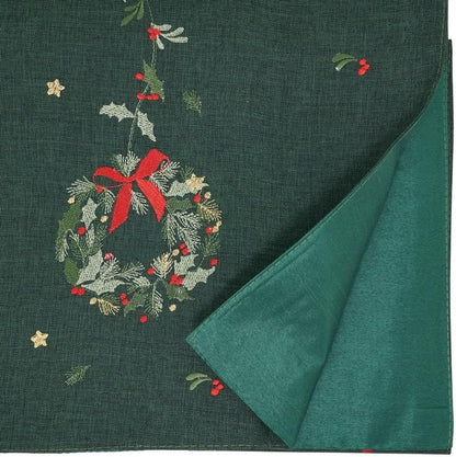 Fennco Styles Embroidered Wreath Christmas Table Runner 16" X 70" - White Festive Table Cover for Winter Holidays Décor, Dining Table, Banquet, Family Gathering, and Special Occasions