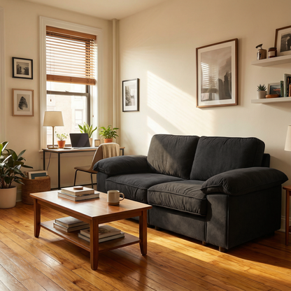 Compact Black Velvet 2-Seater Sofa with Hidden Storage