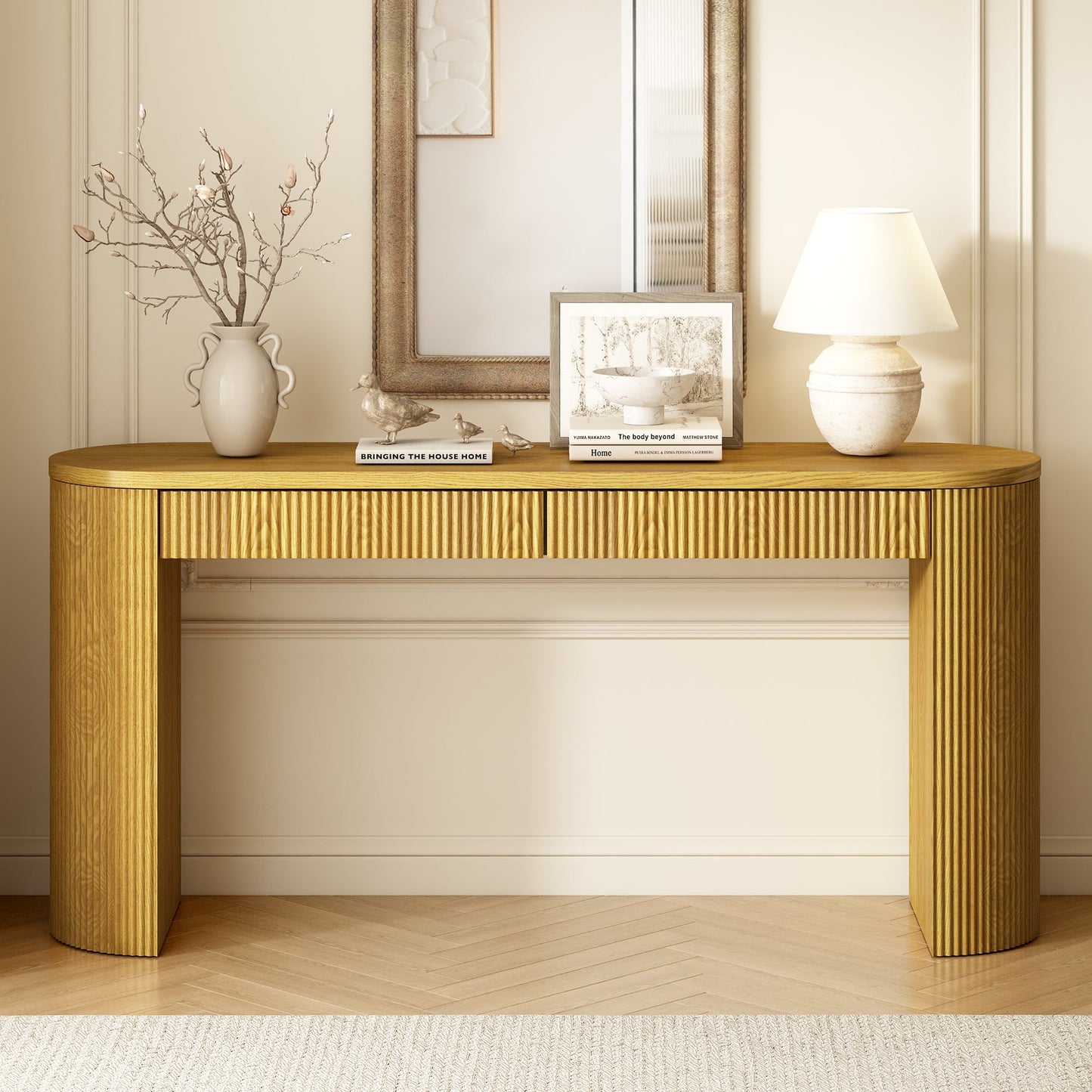 U_STYLE 58.2' Entryway Table with Large Top and Dual Drawers,Console Table with Arched Sturdy Legs Stripe Design,Pine Veneer Sofa Table with Adjustable Feet for Living Room, Hallway,Foyer, Kitchen