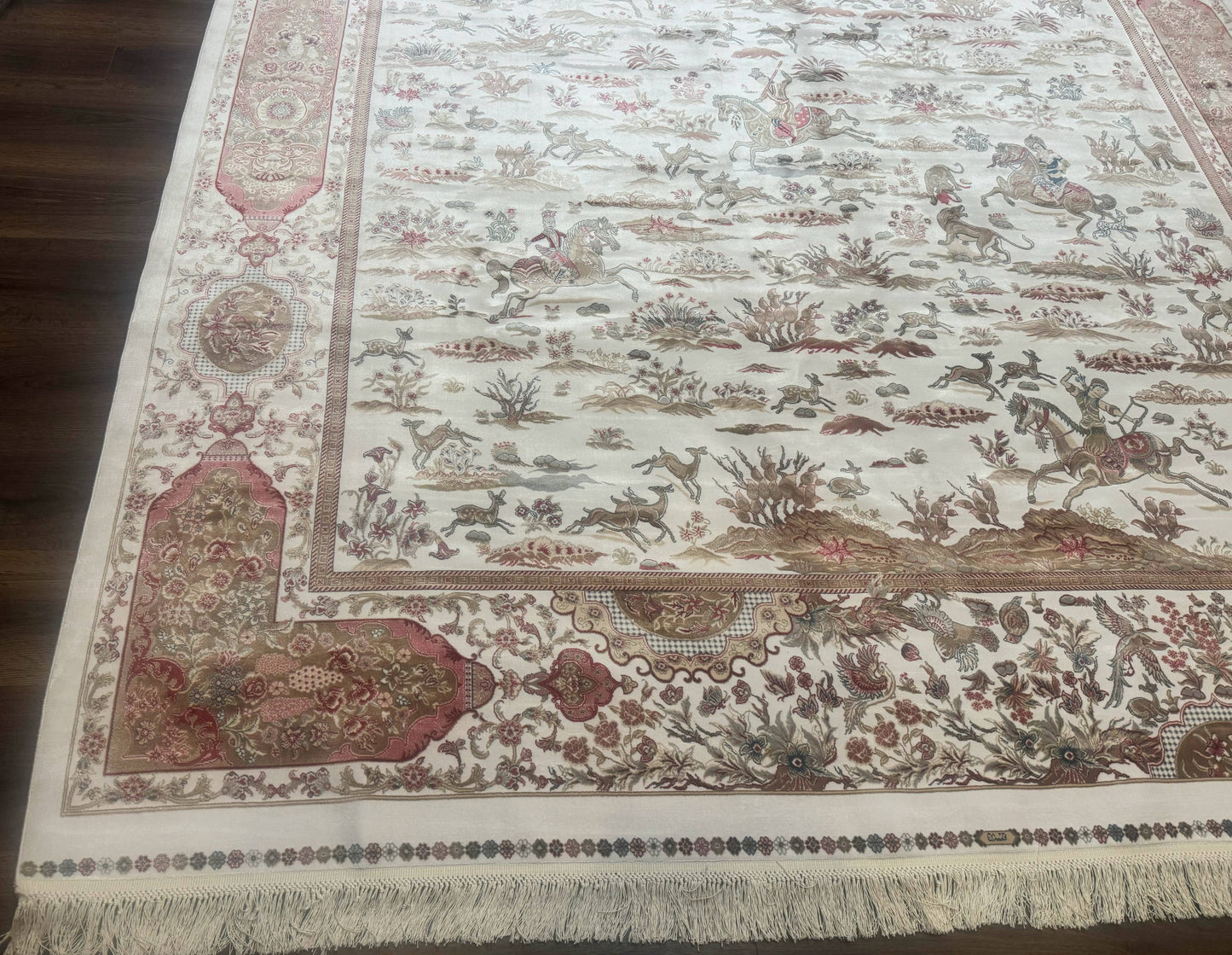 Large Turkish Silk Rug 8x10, Ivory, Hunting Design, Bamboo Silk, New