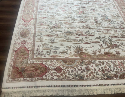 Large Turkish Silk Rug 8x10, Ivory, Hunting Design, Bamboo Silk, New