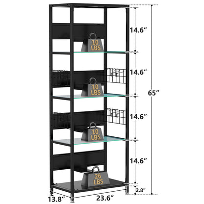 4 Tier Display Shelf With RGB Lights, LED Lighted Curio Cabinet With Adjustable Storage Box & Hooks - Black