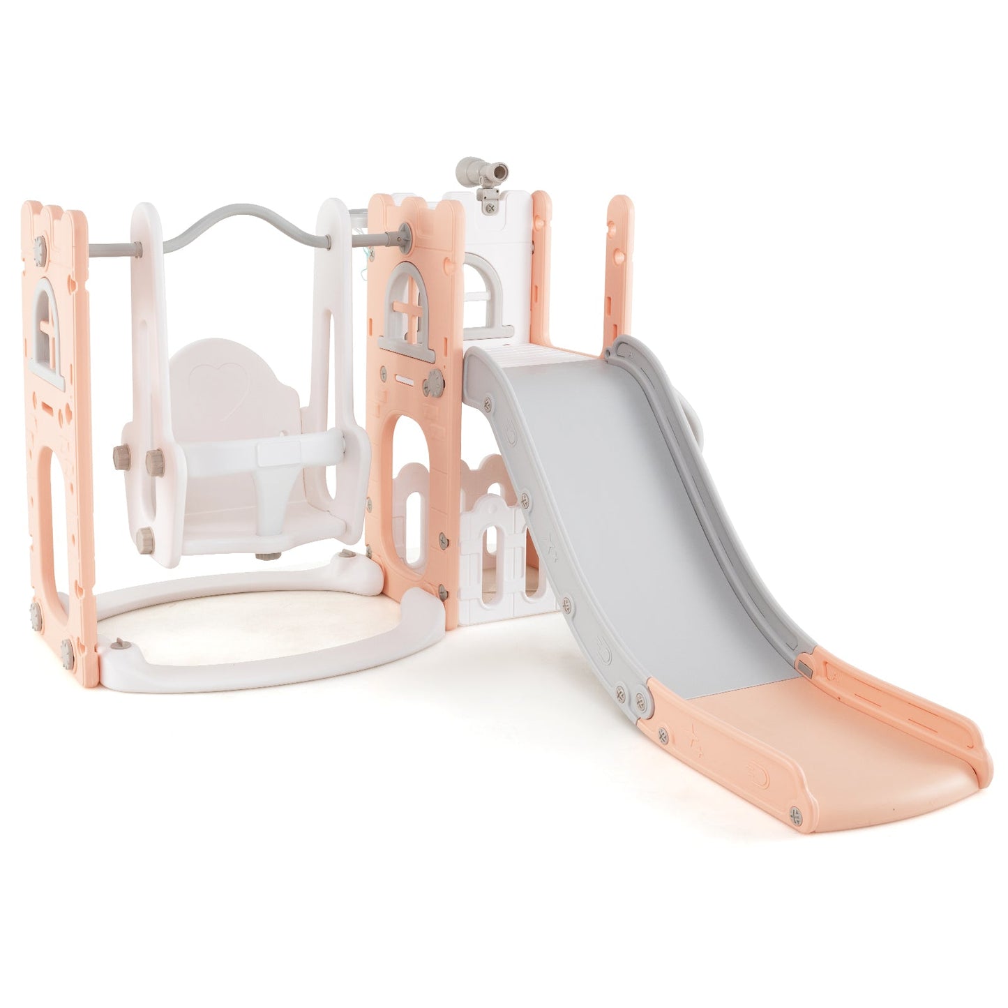 7-in-1 Toddler Swing and Slide Set L-shaped with Ladder and Basketball Hoop