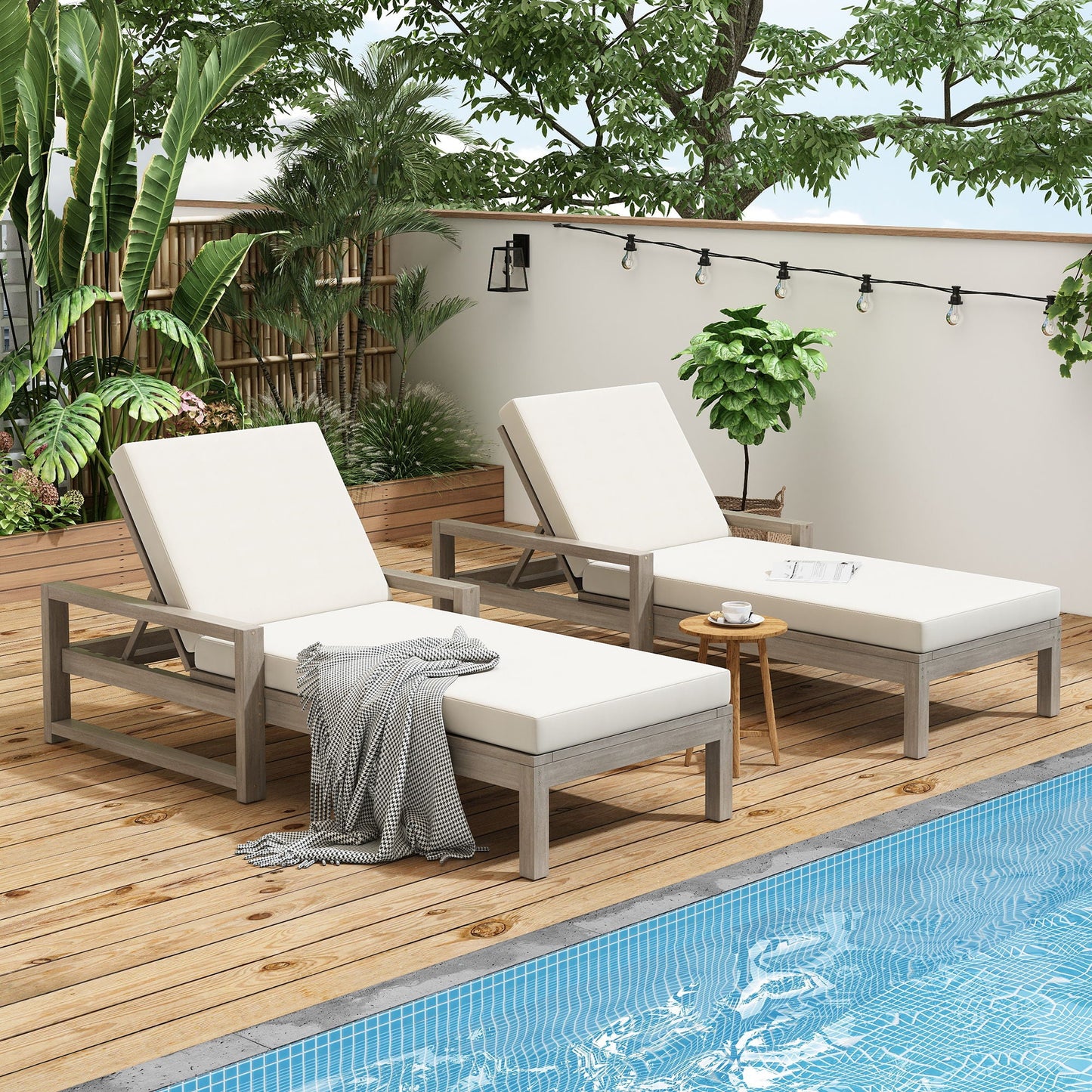 Outdoor Lounge Chairs, 5 Position Chaise Lounge With Adjustable Backrest (Set of 2) - Gray