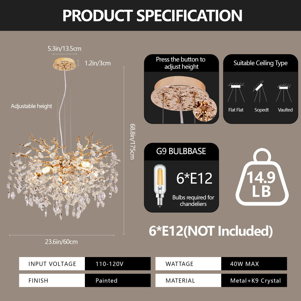 Gold Tree Branch Crystal Chandelier | Modern Luxury Pendant Light for Dining Room, Living Room & Bedroom