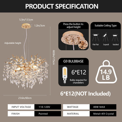 Gold Tree Branch Crystal Chandelier | Modern Luxury Pendant Light for Dining Room, Living Room & Bedroom