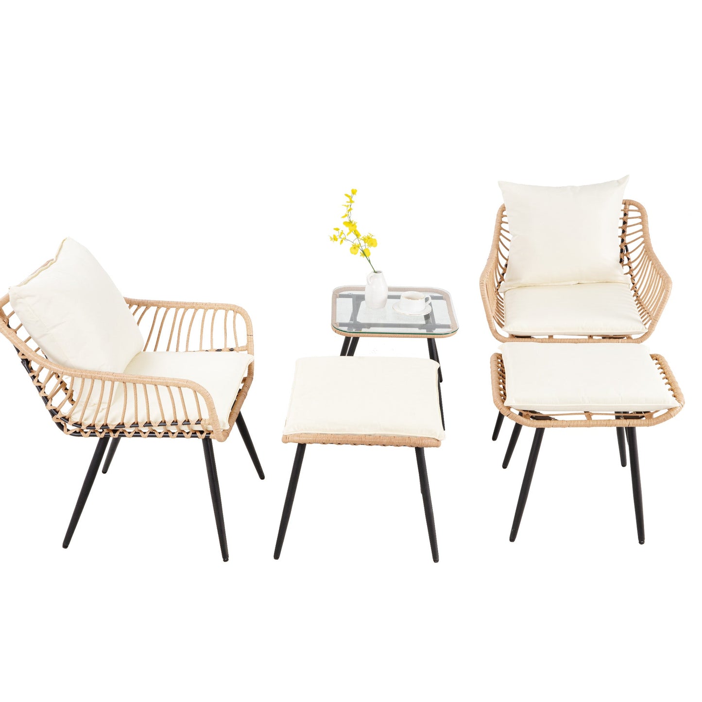 Ainfox 5 Pieces Outdoor Wicker Modular Patio Sectional Set with Thick Cushions & Tempered Glass Table