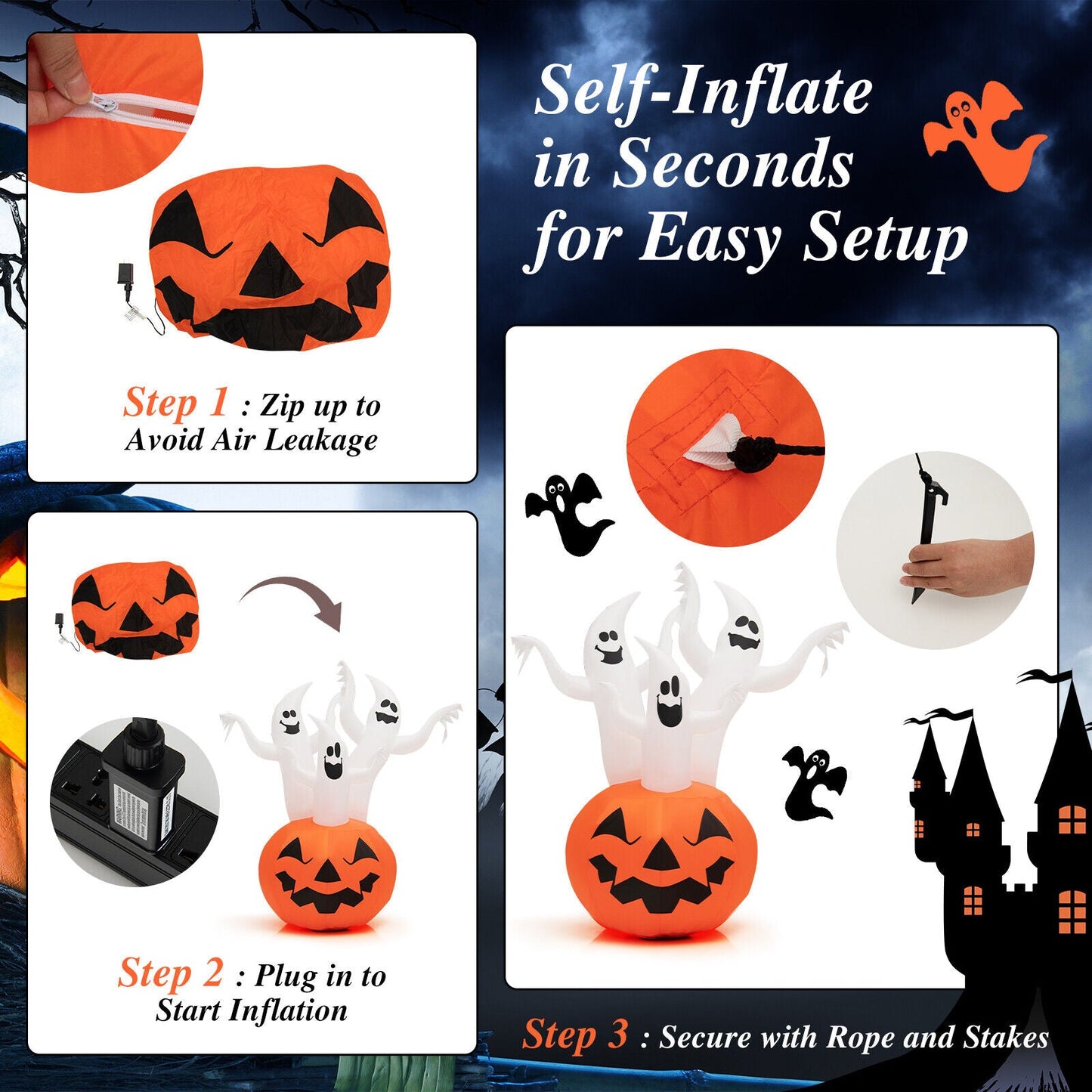 6 Feet Inflatable Halloween Ghosts with Pumpkin Decor and Rotating Lamp