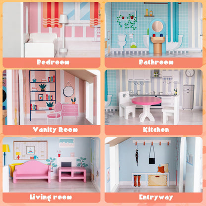 3-Tier Toddler Doll House with Furniture Gift for Age over 3